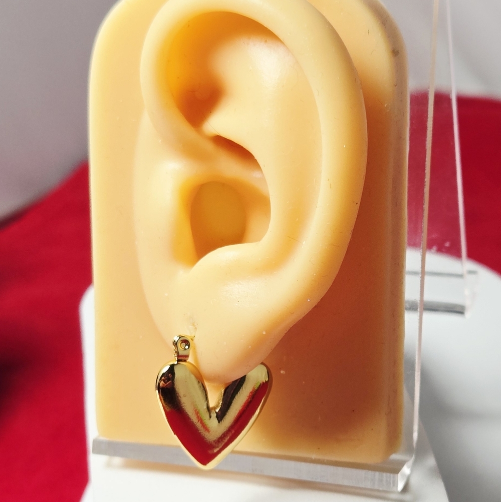 Gold Puffy Heart Hoop Earrings Stainless Steel Huggie Dainty It Girl Minimalist - Picture 3 of 5